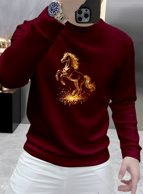 男士国潮骏马印花红色卫衣2026新款圆领长袖休闲潮牌百搭上衣男装