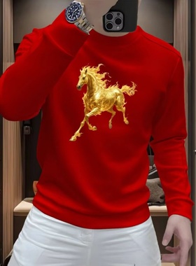 2026新款潮牌红色马年图案印花圆领卫衣男长袖时尚本命年上衣男装