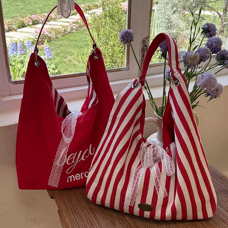超火上班小拎包杂物包大容量条纹单肩时尚女包通勤百搭帆布包双面