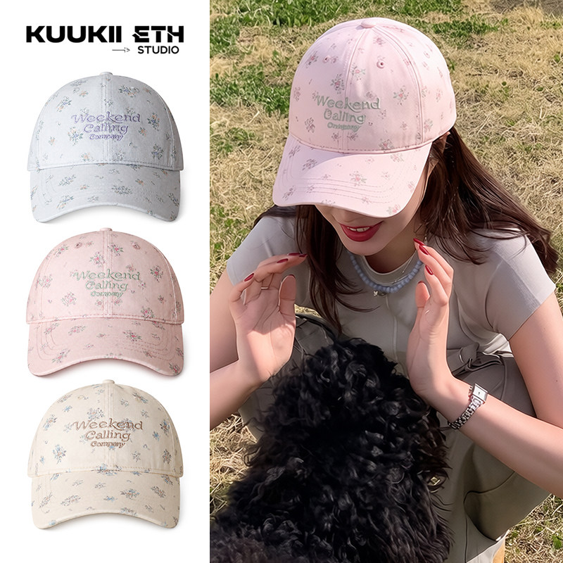 KUKIÐ碎花刺绣棒球帽女显脸小甜美减龄鸭舌帽夏季防晒遮阳帽