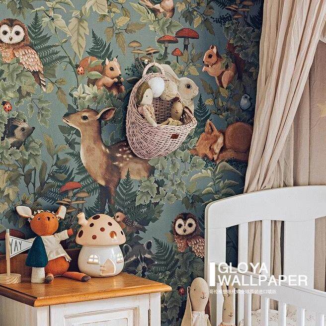 瑞典丛林动物儿童房壁纸定制卧室床头墙布客餐厅玄关背景墙纸壁画