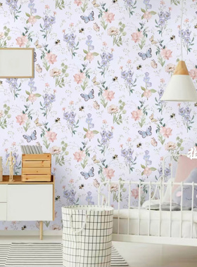 法式田园紫色系蝴蝶花卉壁纸客餐厅沙发背景墙纸壁画卧室床头墙布