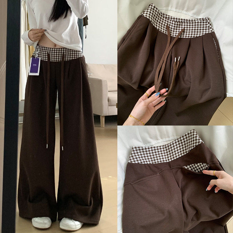 美拉德棕色格子拼接阔腿裤女春季新款复古美式宽松直筒休闲运动裤,女装/女士精品,休闲裤,淘宝优惠券,粉丝福利购,淘宝优惠卷