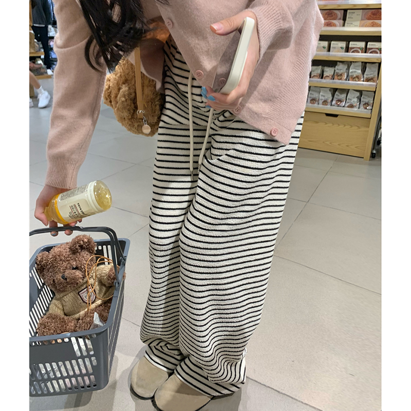 黑白条纹毛巾裤女加绒加厚裤子