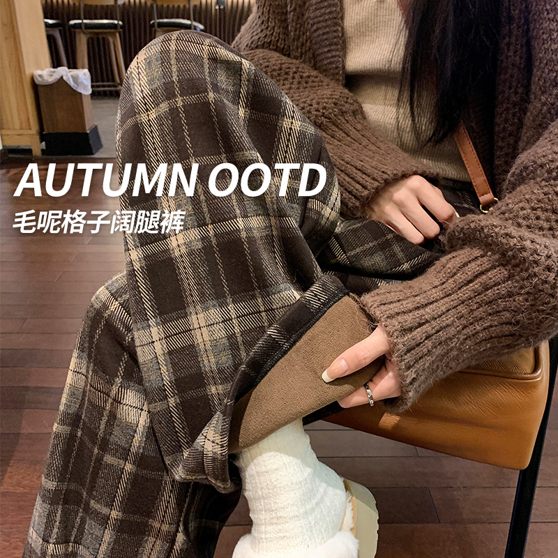 复古咖色毛呢格子裤女加绒阔腿裤