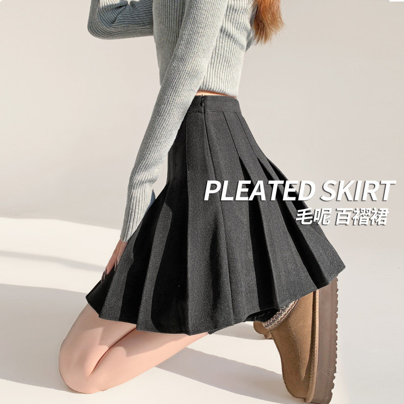 灰色百褶裙高腰a字短款毛呢裙子