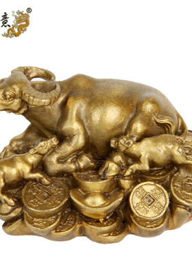 真古意 纯铜母子牛摆件铜生肖牛摆件招铜金钱元宝财牛家居装饰品