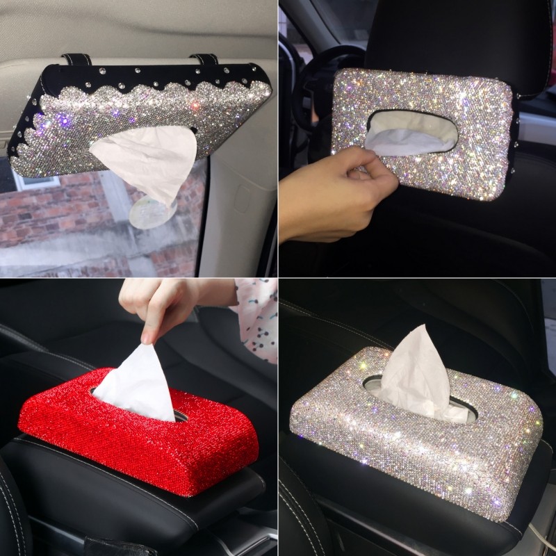 汽车内饰镶带钻车载车用挂式椅背抽纸盒套水钻遮阳板纸巾盒摆件女
