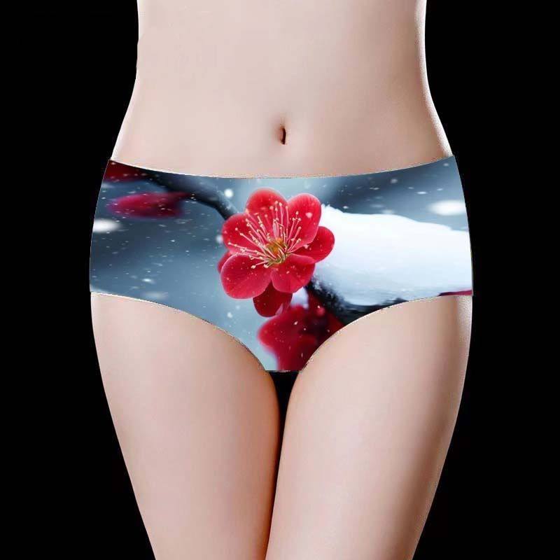 女内裤红梅印花内裤冰丝无痕内裤性感中腰三角裤个性可爱