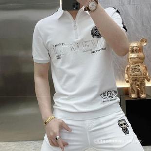 修身 新款 时尚 t恤 拉链短袖 男士 欧洲站潮流翻领印花POLO衫 2025夏季