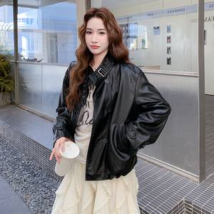 常规印花厚款皮衣甜酷亮皮女夹克洋气百搭休闲上衣洋气短款时尚，女装短外套，ELIN
