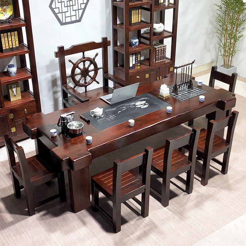 需定制老船木茶桌椅组合一桌五椅实木办公室泡茶台功夫茶具套组桌