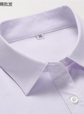新款光大行服女紫色细条纹衬衫方领长短袖职业工装衬衣工作服