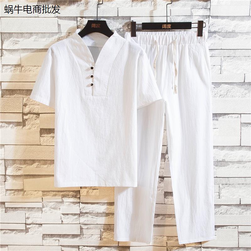 中国风夏季棉麻套装男短