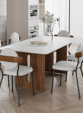 优选中古风实木奶油白色哑光岩板复古餐桌椅组合小户型长方形岛台