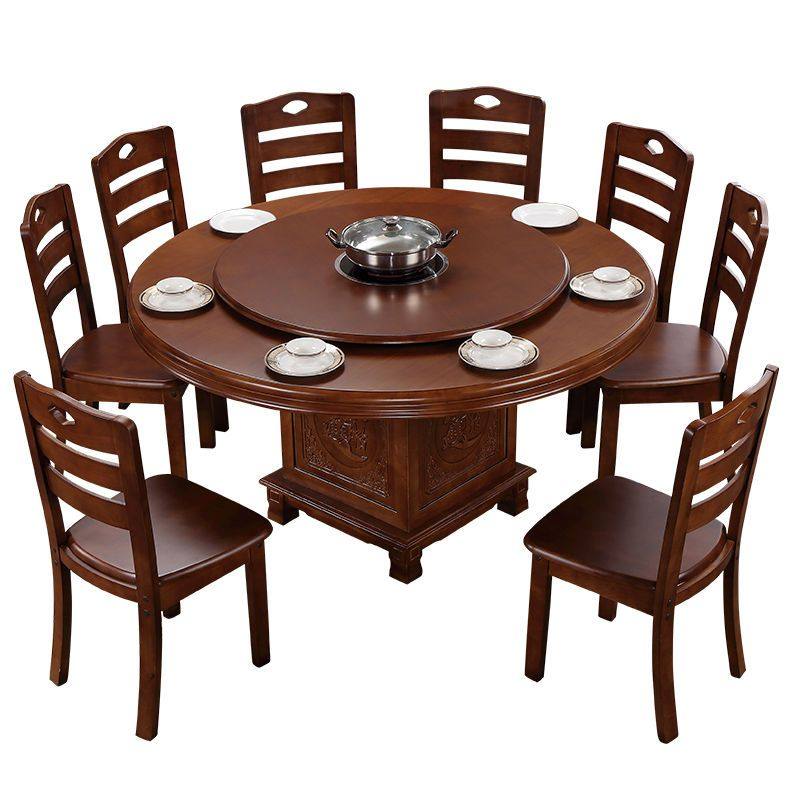 优选实木火锅桌子餐桌大圆桌带电磁炉一体8个人10个人家用商用带