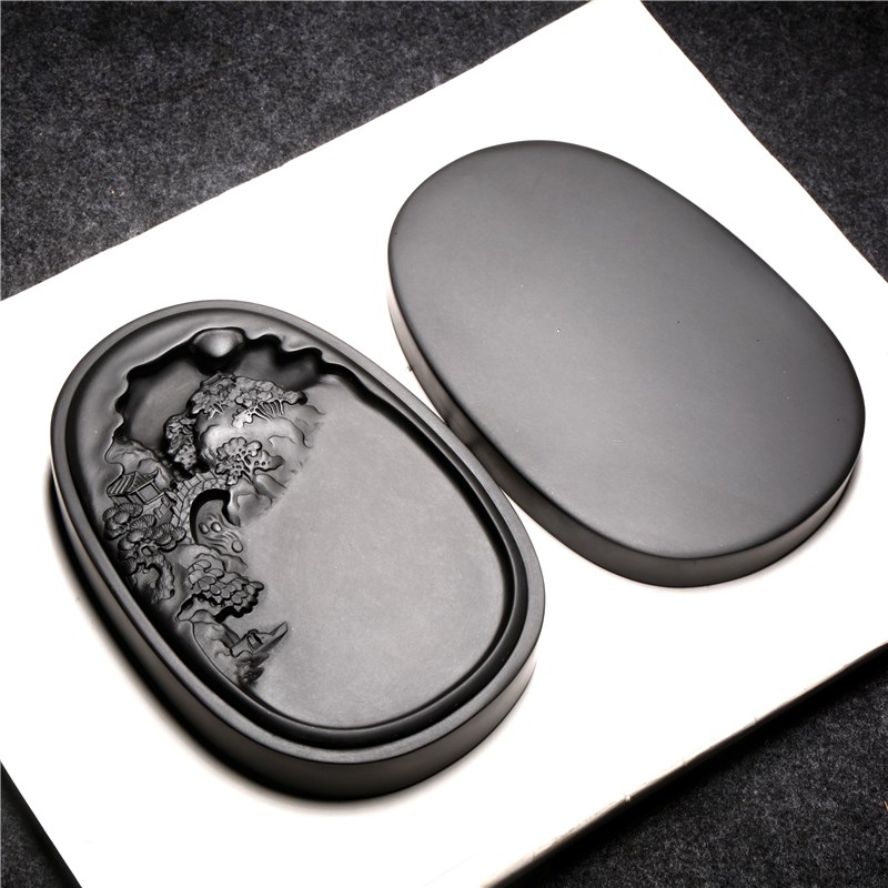 优选国家非遗安徽歙砚砚台 江南可采莲 原石带盖书法绘画可磨墨文