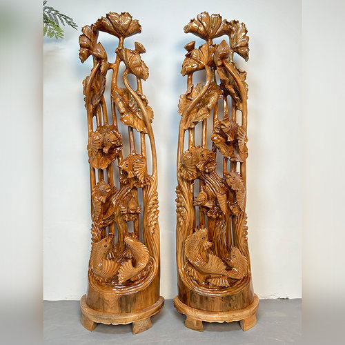 优选年年有鱼根雕荷花动物摆件香樟木雕刻树根底座家居装饰工艺品