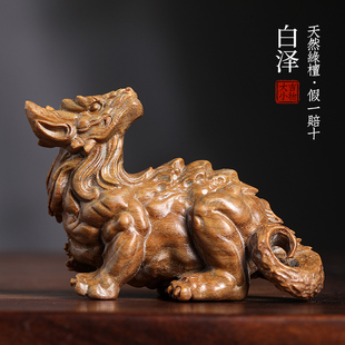 优选天然绿檀木实木雕刻白泽摆件文玩手把件家居装饰品工艺品