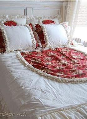 优选韩国进口大红色复古花朵玫瑰米色立体木耳装饰婚庆四件套床品