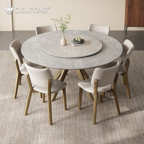 德利丰实木岩板餐桌椅组合白蜡木圆桌侘寂中古风带X转盘家用饭桌