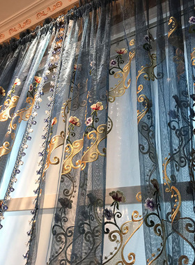 窗帘20c22年新款卧室客厅飘窗纱帘透光不透人蓝色欧式女孩复古双