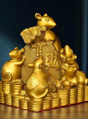 黄铜生肖鼠摆件五鼠运财招财吉祥物中式风格客厅装饰摆件铜X鼠聚