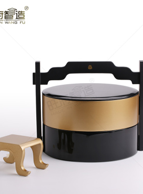 新中式样板房酒店轻奢创意装饰摆件多层实木漆P器圆提篮食盒糖果