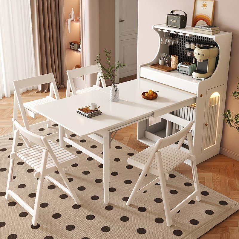 实木折叠伸缩餐桌餐边柜一体家用小户型储物柜奶油风多功能饭桌