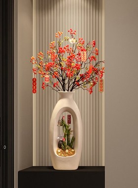 入户玄关造景迎客松花瓶大摆件进门屏风H新中式客厅竖高长装饰礼