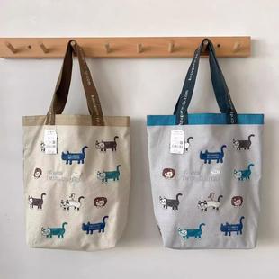 日本Kusuguru刺绣爬猫单肩包手提包手拎包补习包逛街购物通勤7536