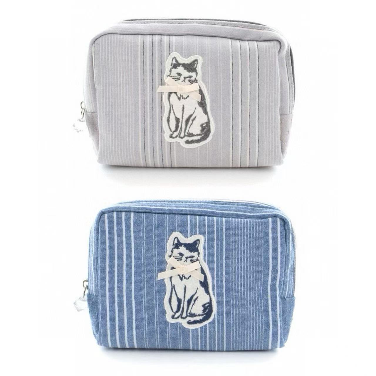 日本Kusuguru正品刺绣领结猫零钱包双向拉链收纳包布艺手拿包3755