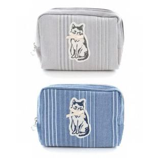 日本Kusuguru正品 刺绣领结猫零钱包双向拉链收纳包布艺手拿包3755