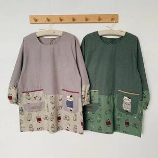 日本kusuguru刺绣爬猫家居围裙防油防污罩衣反穿烘焙花艺有袖 3041