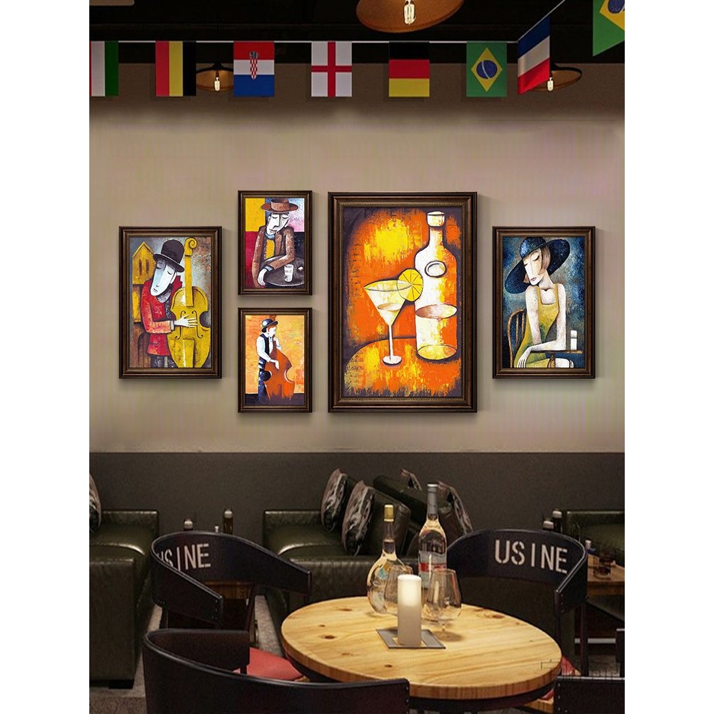 复古酒吧挂画小众艺术清吧酒馆油画风酒店壁画人物酒瓶抽象装饰画图片