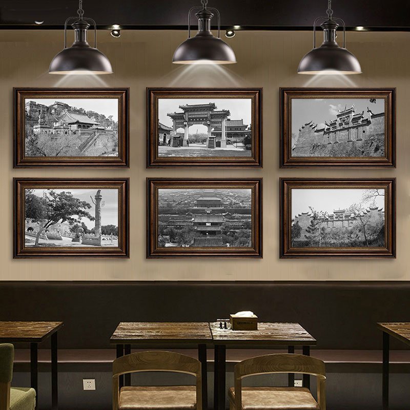 复古建筑风景饭店餐厅装饰画黑白怀旧街景照片壁画老北京餐馆挂画图片