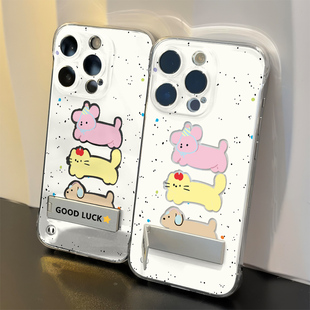 iPhone16适用14无边框硬13ProMax手机壳带支架耳机猫狗苹果15plus高级感超薄Reno12透明OPPOK12X少女心s20pro