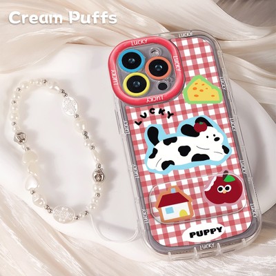 iPhone16带挂绳15plus手机壳软华为NOVA14适用苹果13红格纹小狗Reno12镜子支架17ProMax卡通华为Mate80可爱11