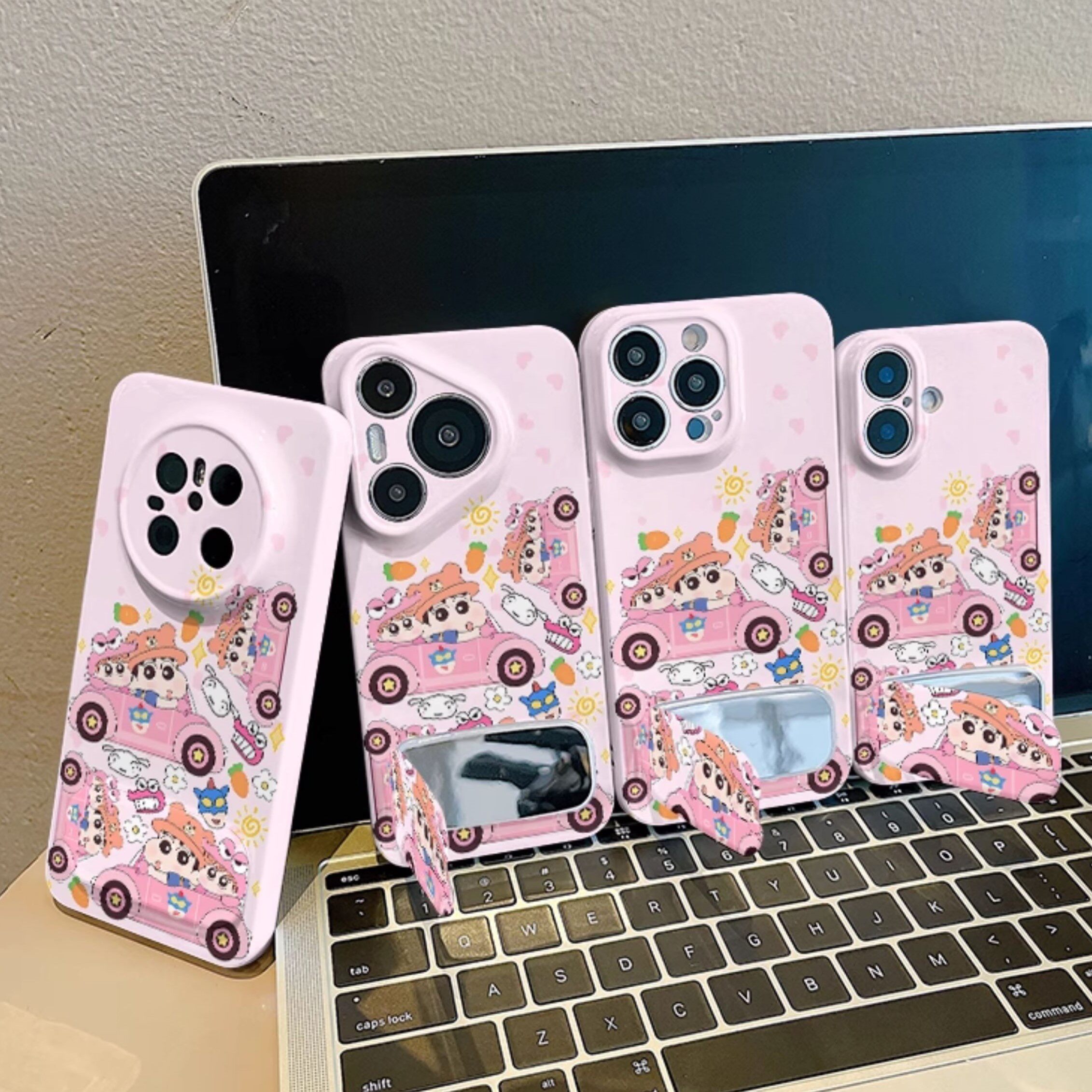 可爱华为P80PRO开车小新14ProMax带镜子支架小米CIVI5PRO手机壳菲林15高级感适用硬iPhone12苹果13卡通16PLUS