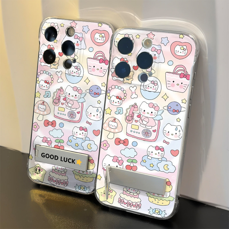 透明iPhone16珠宝凯蒂猫适用14ProMax无边框硬红米note13手机壳带支架苹果15超薄高级感12少女心iqoo11少女心