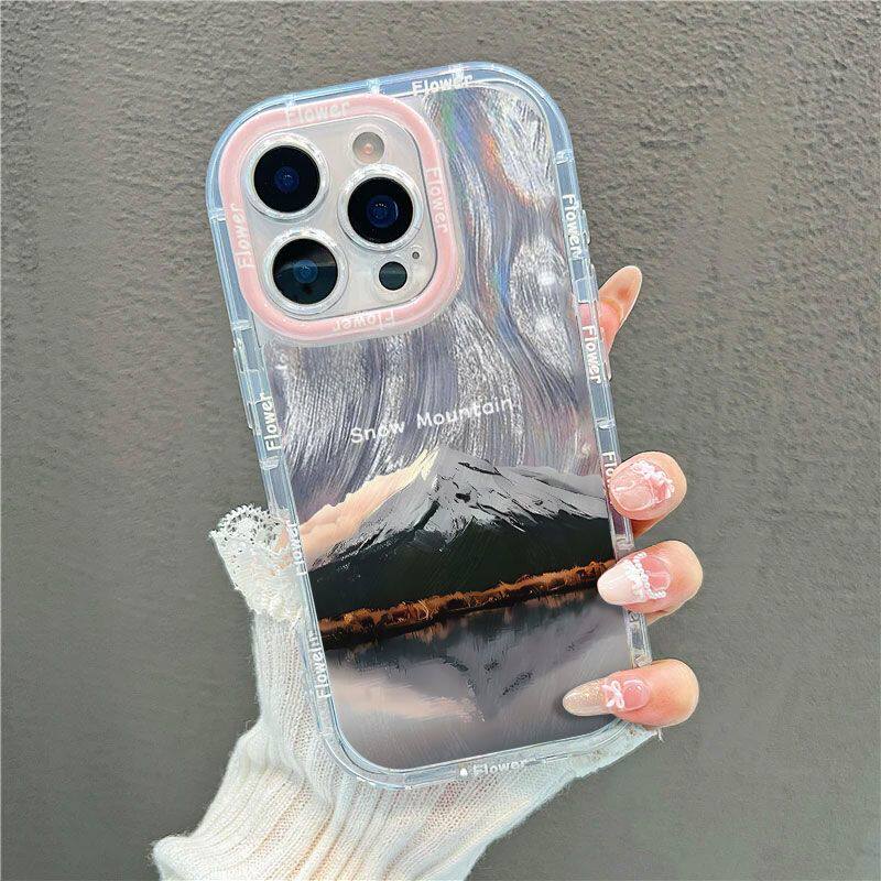 适用16PLUS高级感带镜子支架苹果12手机壳羽纱泡芙IQOO13软ins风iPhone15英文雪山14ProMax小众红米TURBO4PRO