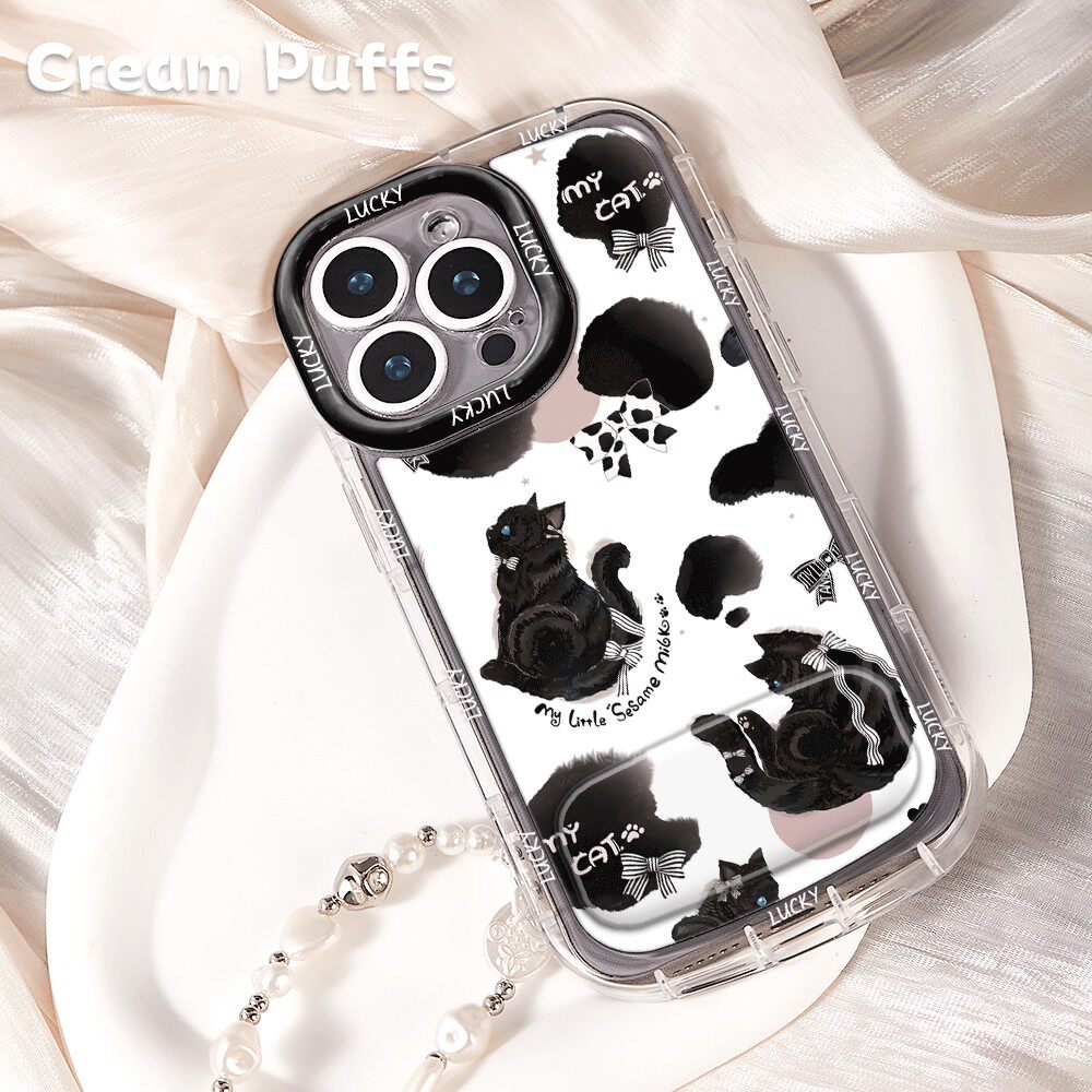 适用iPhone17创意黑猫手机壳带挂绳12少女心13ProMax羽纱泡芙荣耀500软14苹果15镜子支架16PLUS卡通IQOONEO11