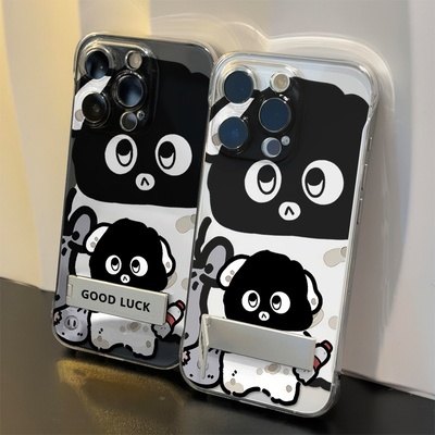 苹果12情侣袋子白狗iPhone17超薄15PLUS手机壳带支架硬16ProMax适用透明OPPOReno14无边框IQOO13小米CIVI4PRO