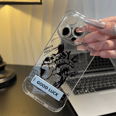 创意素描心脏iQOO13苹果14ProMax高级感NOVA12无边框硬iPhone16Plus透明小米15超薄S20手机壳A5Pro带支架适用