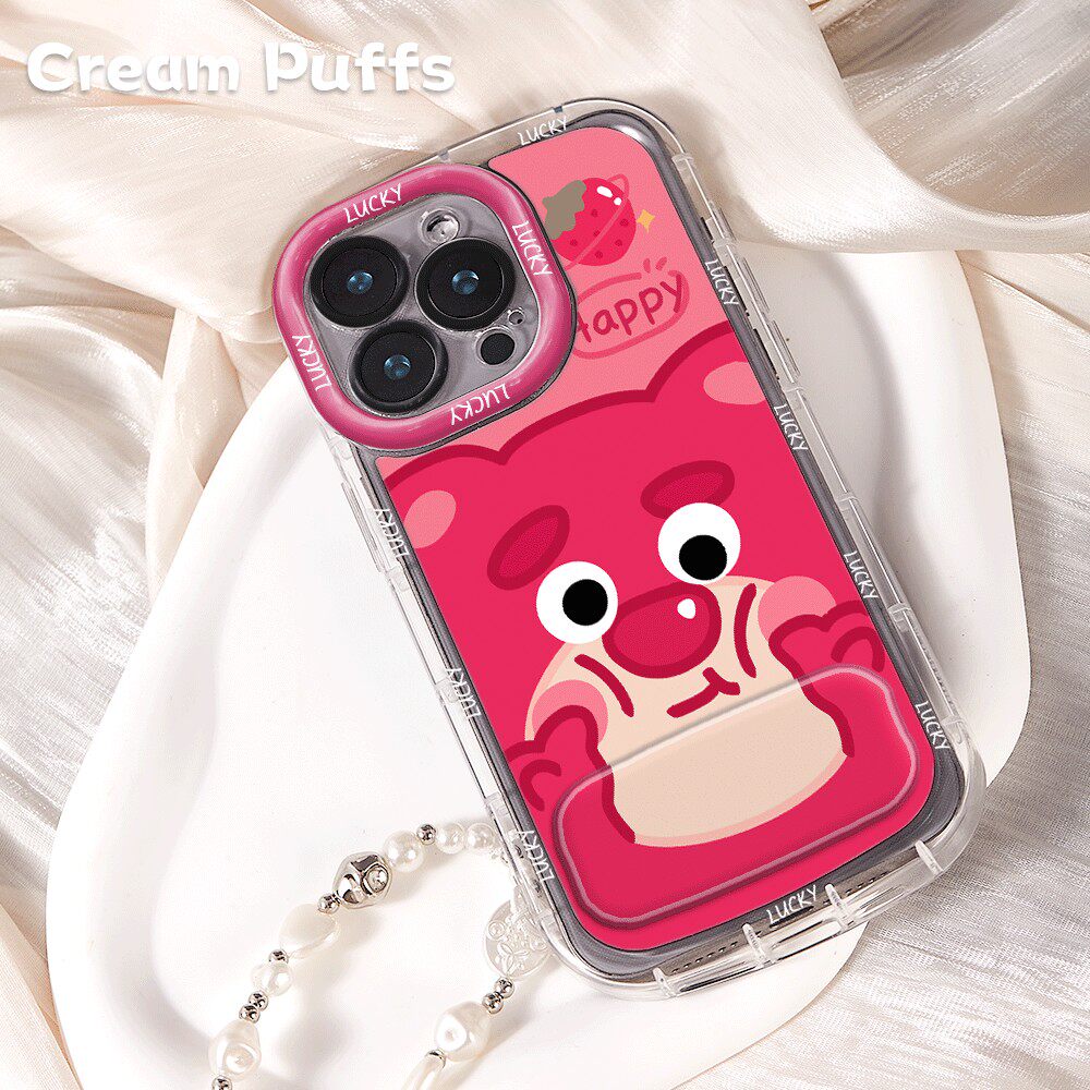 红米TURBO4可爱12镜子支架戳脸草莓熊17ProMax少女心iPhone16带挂绳15手机壳软14plus适用苹果13卡通荣耀x70i