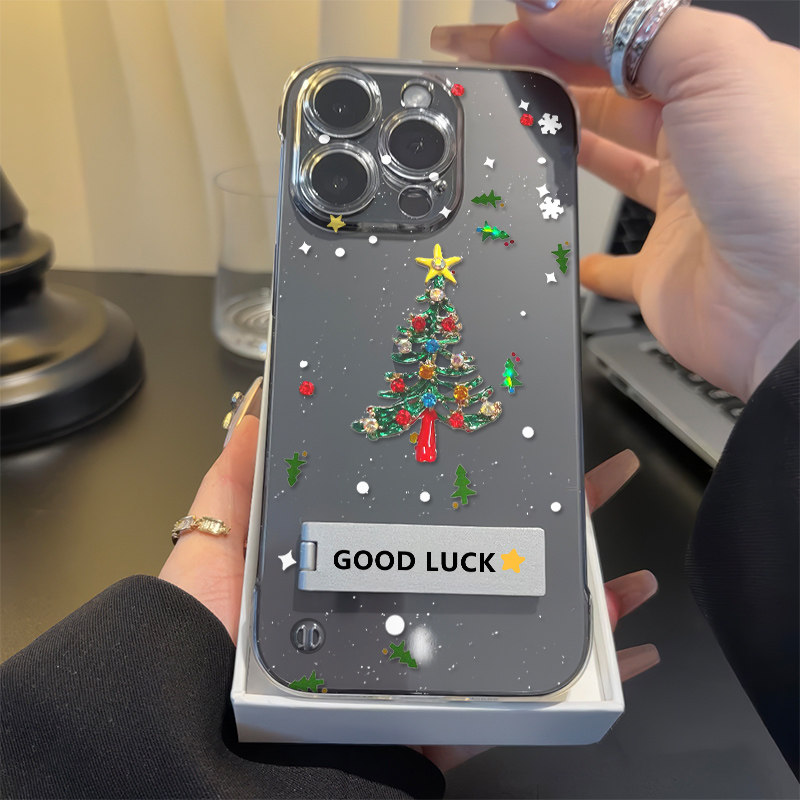 适用14无边框硬13ProMax波点圣诞树华为Mate70手机壳带支架苹果15plus高级感12透明iPhone16小清新a58超薄s17