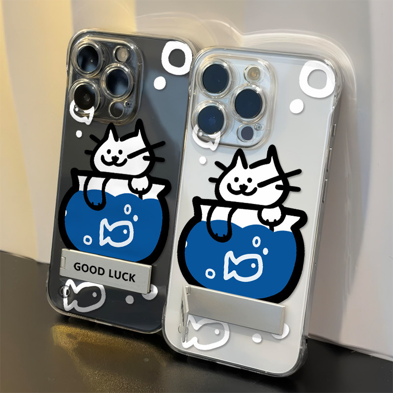 苹果14Plus趣味摸鱼猫咪15ProMax卡通16E高级感A5Pro无边框硬iPhone12透明FINDX8超薄手机壳NOVA13带支架适用