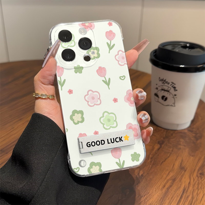 OPPOReno12适用苹果13超薄14无边框硬16ProMax高级感15plus满屏花朵荣耀200pro小清新手机壳带支架透明iPhone