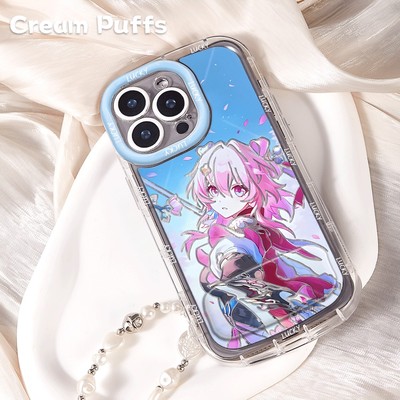 带挂绳16PLUS卡通适用iPhone13羽纱泡芙Reno14少女心12ProMax镜子支架17二次元女孩OPPOFINDX9手机壳软苹果15