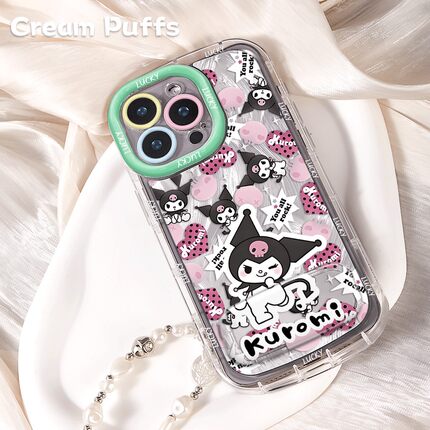 iPhone13带挂绳16plus高颜值一加ACE6适用红米NOTE15PRO+手机壳潮酷库洛米卡通软苹果14镜子支架小米17ProMax